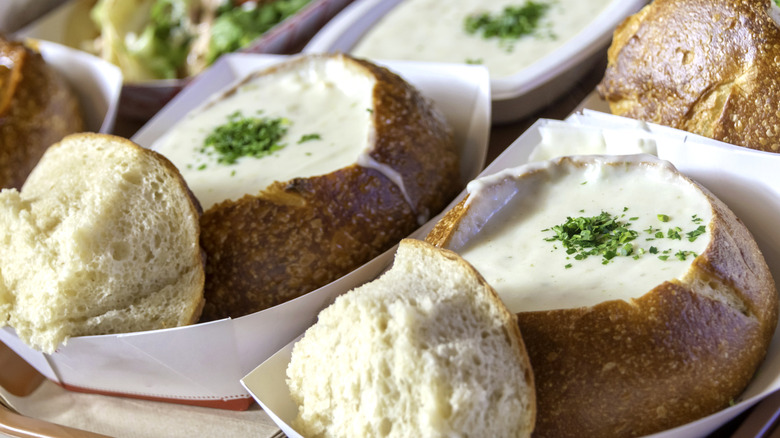 Clam chowder in bread bowls