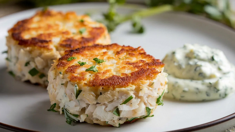 Golden crabcakes on white plate with sauce