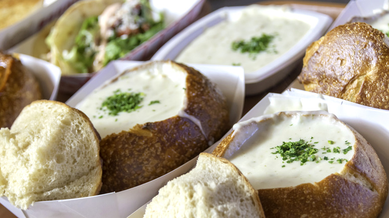Clam chowder in bread bowls on the West Coast