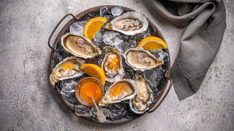 Tray of oysters on ice with orange slices on the west coast