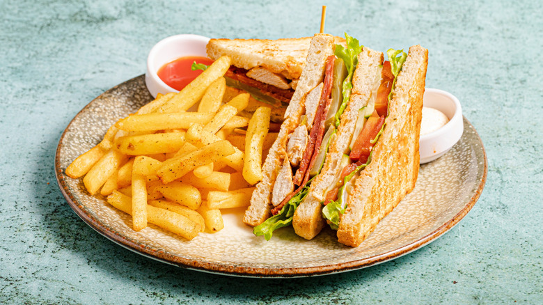 Plate with club sandwich, fries and sauce on brown plate on blue background