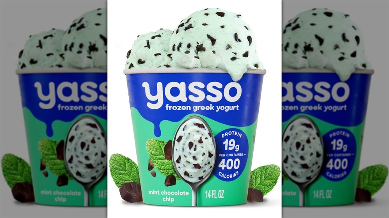 Carton of Yasso mint chocolate chip frozen Greek yogurt