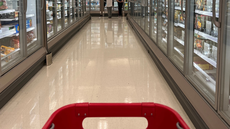 Shopping cart driving down Target frozen food aisle with people at the end