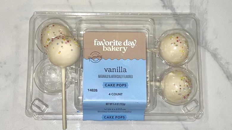 Favorite Day vanilla cake pops in packaging.