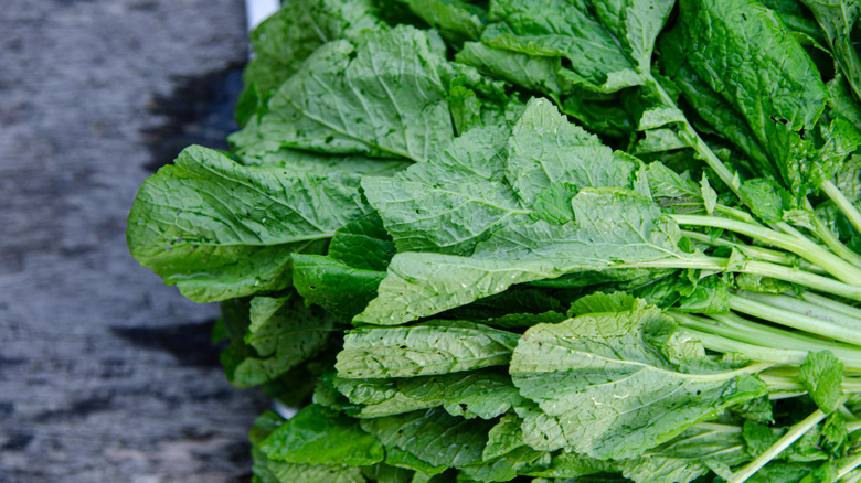 Close up of mustard greens on a counter
