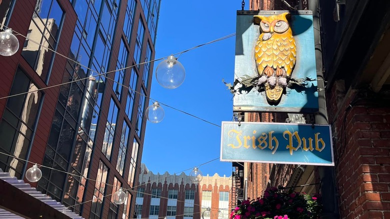 Pub sign for Owl 'N Thistle outside with blue sky and buildings