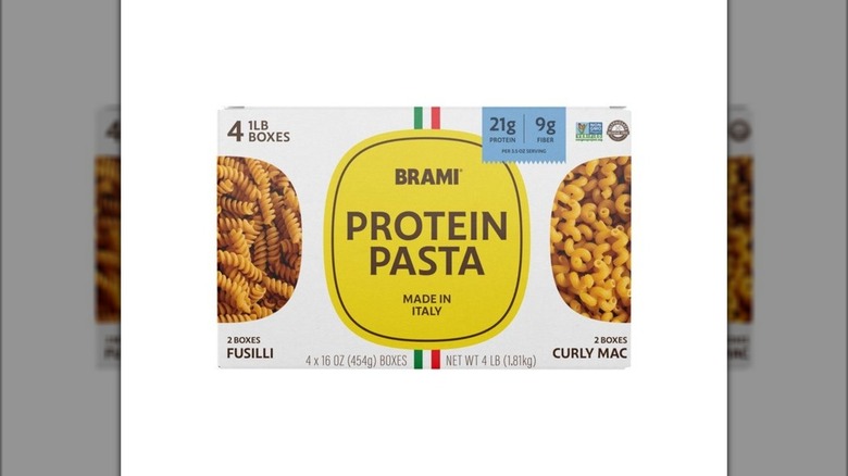 White box of Brami Protein Pasta Variety Pack fusilli and macaroni noodles