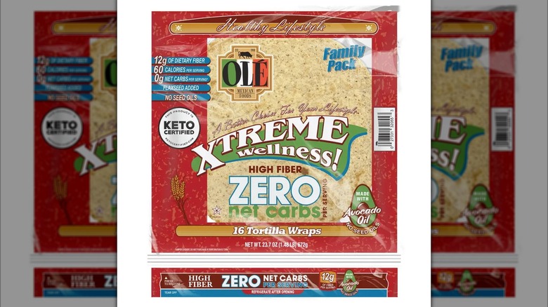 Plastic package of Ole Mexican Foods Xtreme Wellness Tortilla Wraps on white background