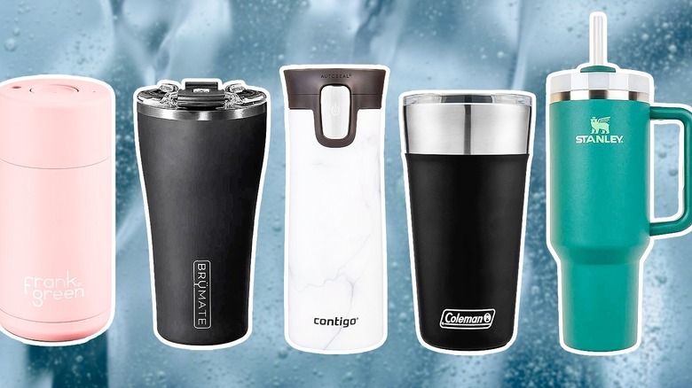 five different insulated tumblers