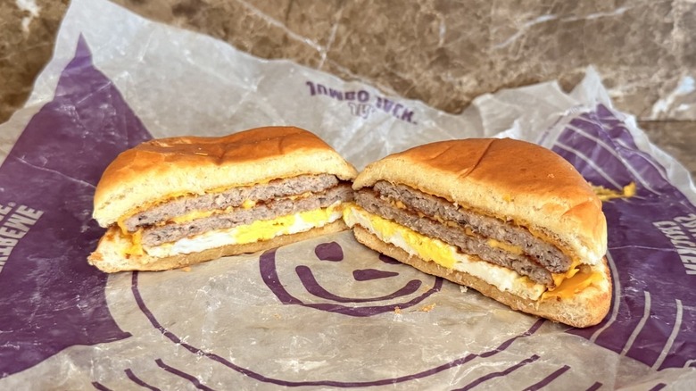 Jack in the Box Extreme Sausage Sandwich cut in half