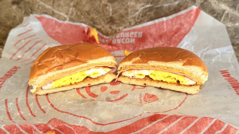 Jack in the Box Breakfast Jack sandwich cut in half