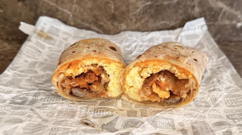 Jack in the Box Grande Sausage Burrito cut in half