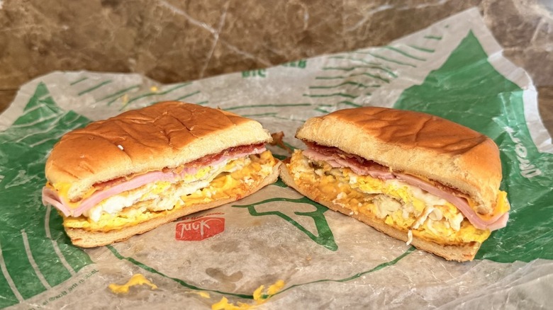 Jack in the Box Ultimate Breakfast Sandwich cut in half