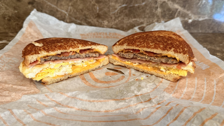 Jack in the Box Loaded Breakfast Sandwich cut in half