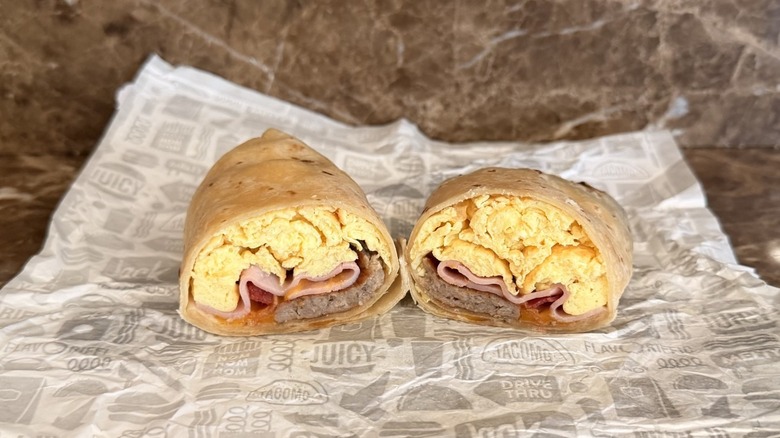 Jack in the Box Meat Lovers Burrito cut in half