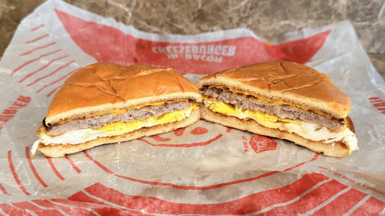 Jack in the Box Sausage Breakfast Jack sandwich cut in half