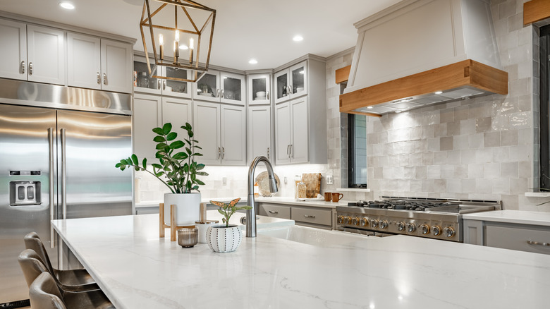 White marble countertop in kitchen