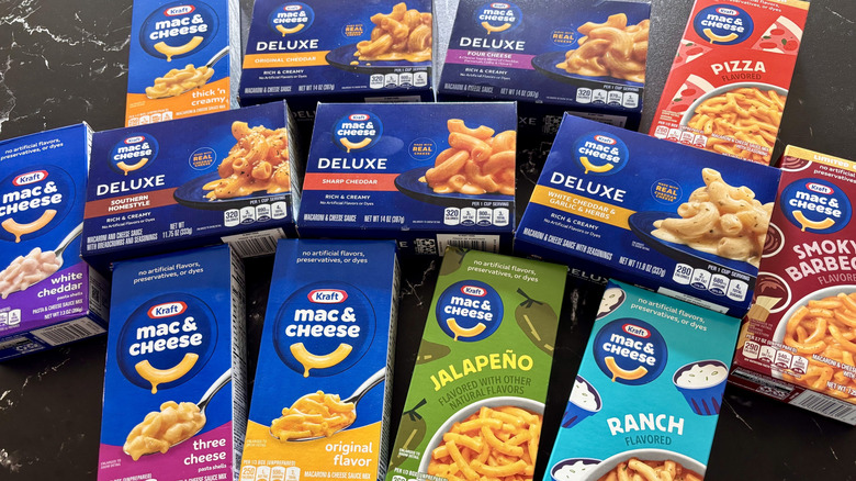 Various Kraft mac and cheese boxes on countertop