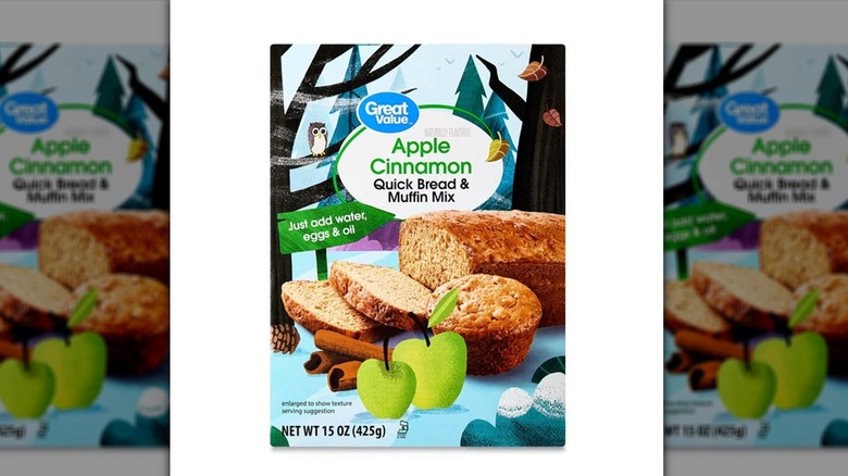 A box of Great Value Apple Cinnamon Quick Bread and Muffin Mix against a white backdrop