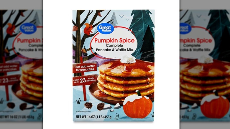 A box of Great Value Pumpkin Spice Pancake & Waffle Mix against a white backdrop