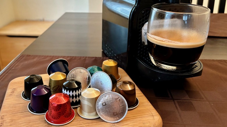 Nespresso pods and brewed coffee