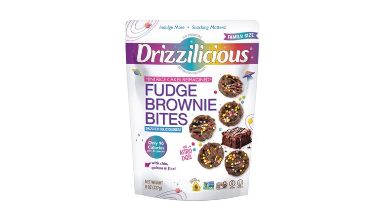 A bag of Drizzilicious Fudge Brownie Mini Rice Cakes on a white background