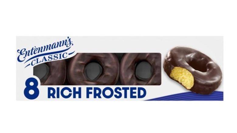 A box of Entenmann's Classic Rich Frosted Chocolate Donuts on a white background
