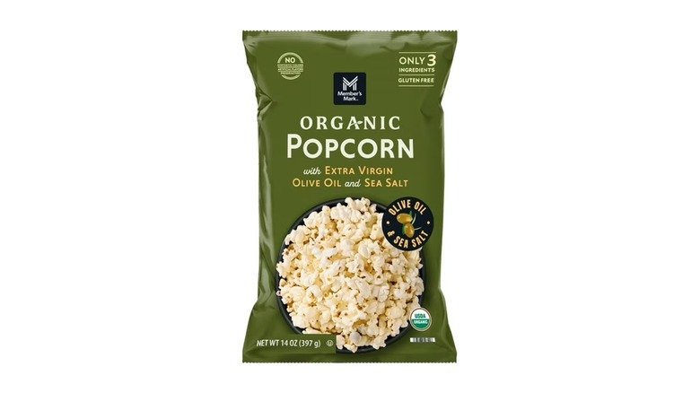 A bag of Member's Mark Organic Popcorn with Extra Virgin Olive Oil and Sea Salt