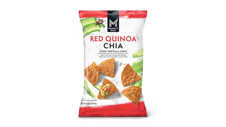 A bag of Member's Mark Red Quinoa Chia Corn Tortilla Chips on a white background