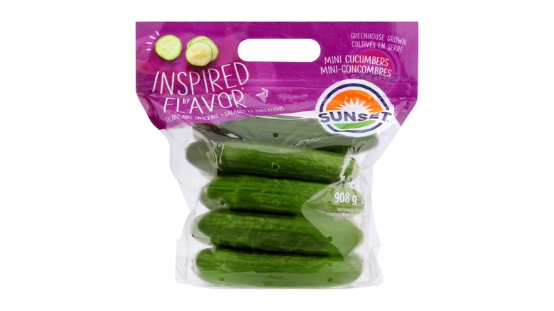 Sunset Mini Cucumbers in a purple branded plastic bag on a white background