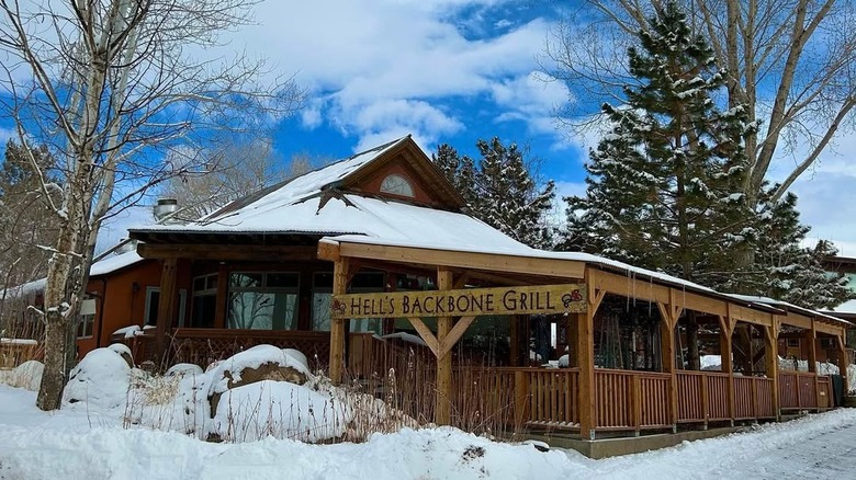 Snowy exterior of Hell's Backbone Grill & Farm in the winter