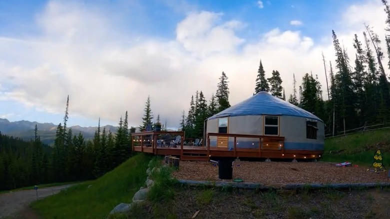 Exterior of Montana Dinner Yurt in the evening