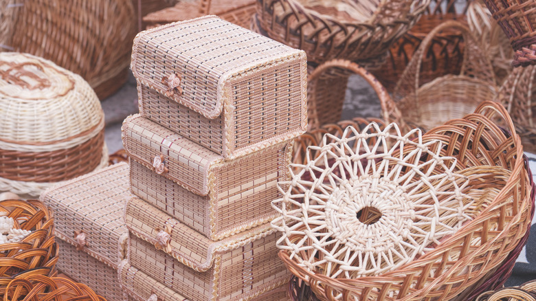 An array of decorative wicker baskets in different shapes and sizes