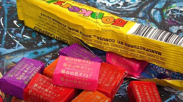 Bonkers candy packaging with individual wrapped squares in foreground
