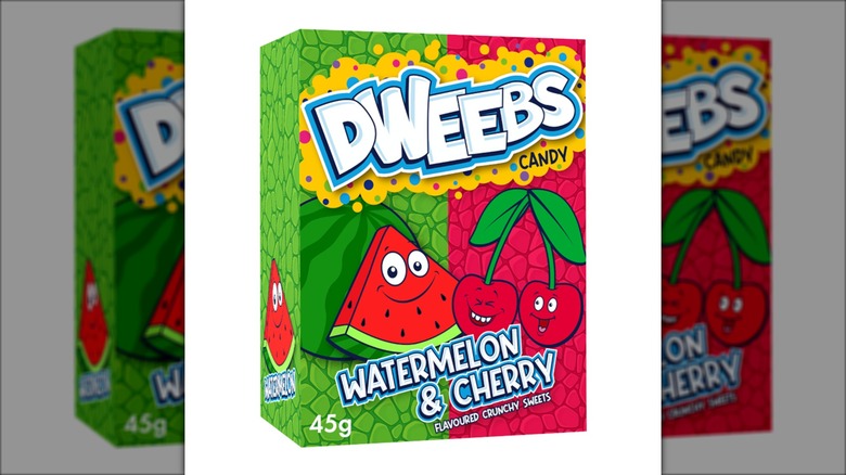 Green and pink Dweebs candy box on white background