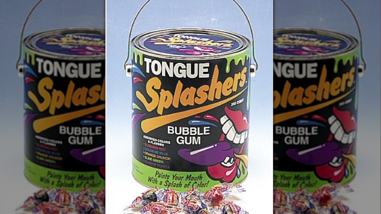 tub of Tongue Splashers gum with candies in the foreground