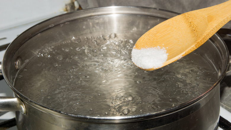 Spoon adding salt to boiling pasta water
