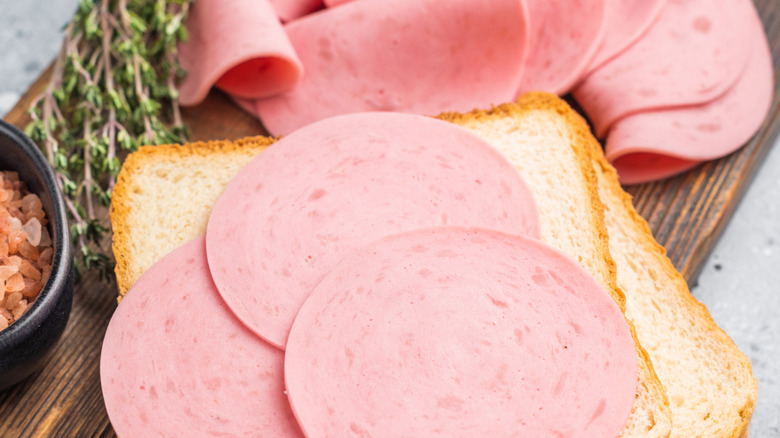 Slices of bologna on slices of bread