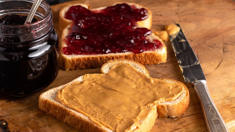 Peanut butter and jelly sandwich, open-faced