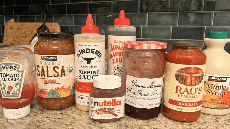 Selection of sauces on kitchen counter