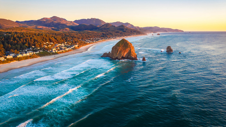 Cannon Beach along the Oregon coast with Haystack Rock in the water