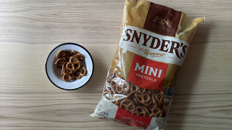 Snyder's Mini Pretzels on wooden table