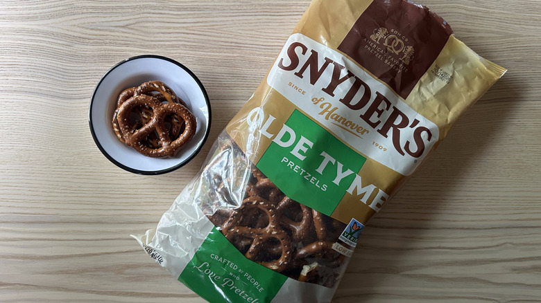 Snyder's Old Tyme Pretzels on wooden table