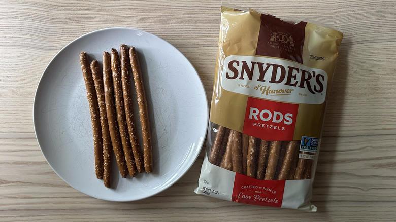 Snyder's Rods Pretzels on wooden table