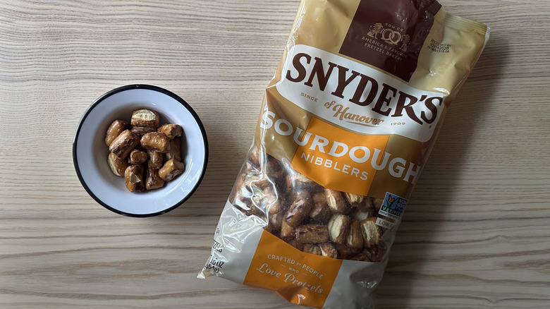 Snyder's Sourdough Nibblers on wooden table