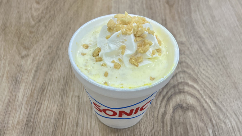 Sonic Banana Pudding Master Shake in to-go cup.