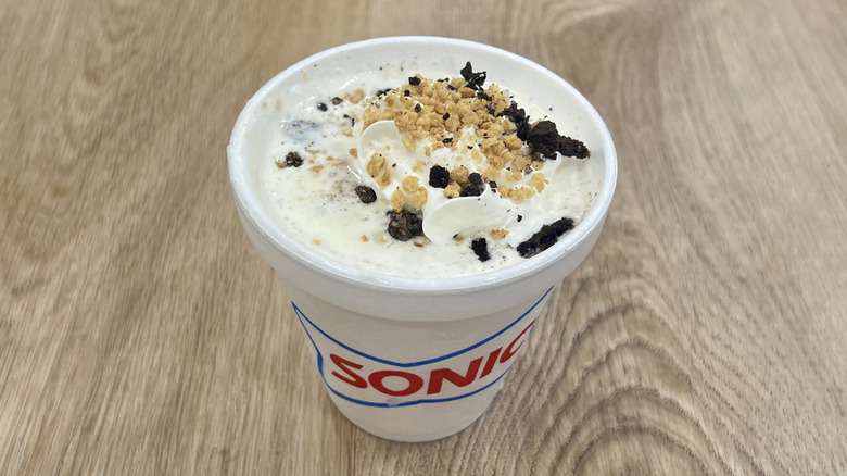 Sonic Oreo Cheesecake Master Shake in to-go cup.