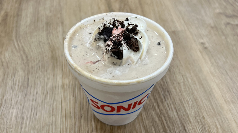 Sonic Oreo Chocolate Master Shake in to-go cup.