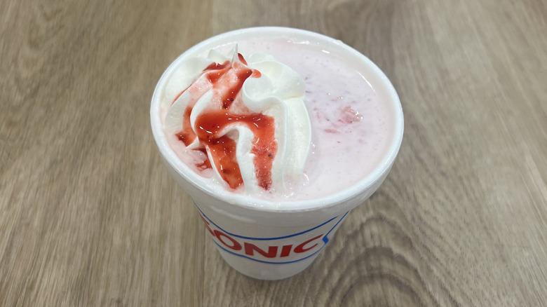 Sonic Strawberry Cheesecake Master Shake in to-go cup.