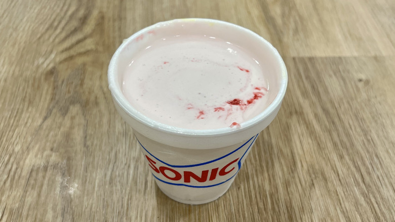 Sonic Strawberry Classic Shake in to-go cup.